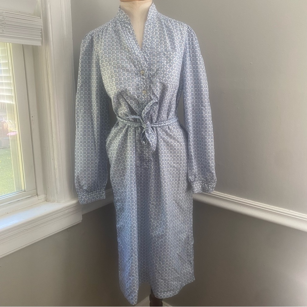 Vintage Schrader Sport geometric print long sleeve belted shirt dress blue